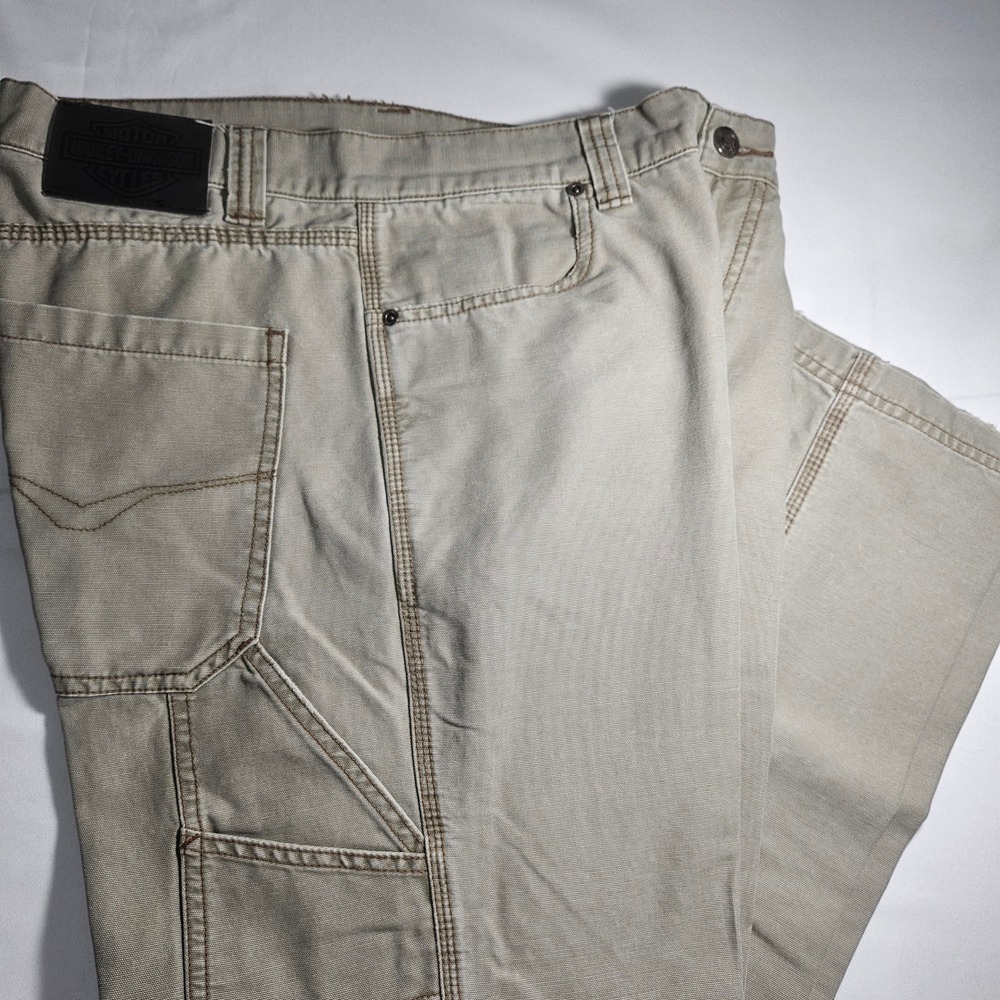 Harley Davidson Mens Tan Carpenter Pants Khaki Utility Workwear 35x31 Distressed